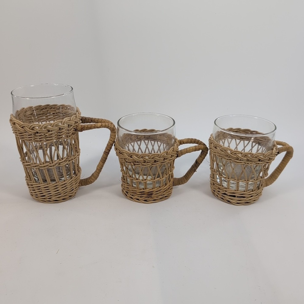 3 Vtg Rattan Wicker Boho Woven Cup Holders with Handles and Glass Cup Inserts